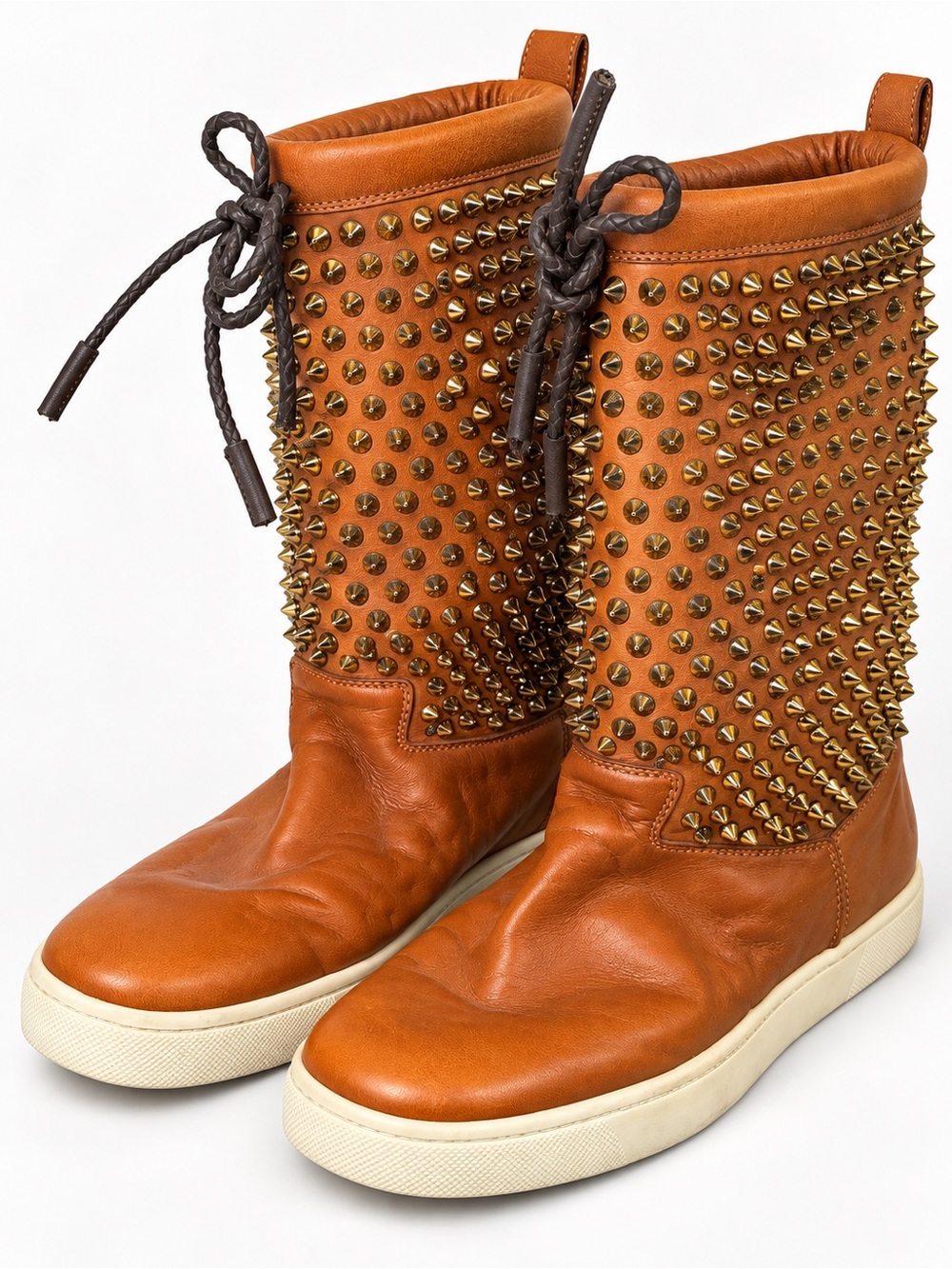 Christian Louboutin Tan Leather Studded Mid-Calf Lace-Up Boots